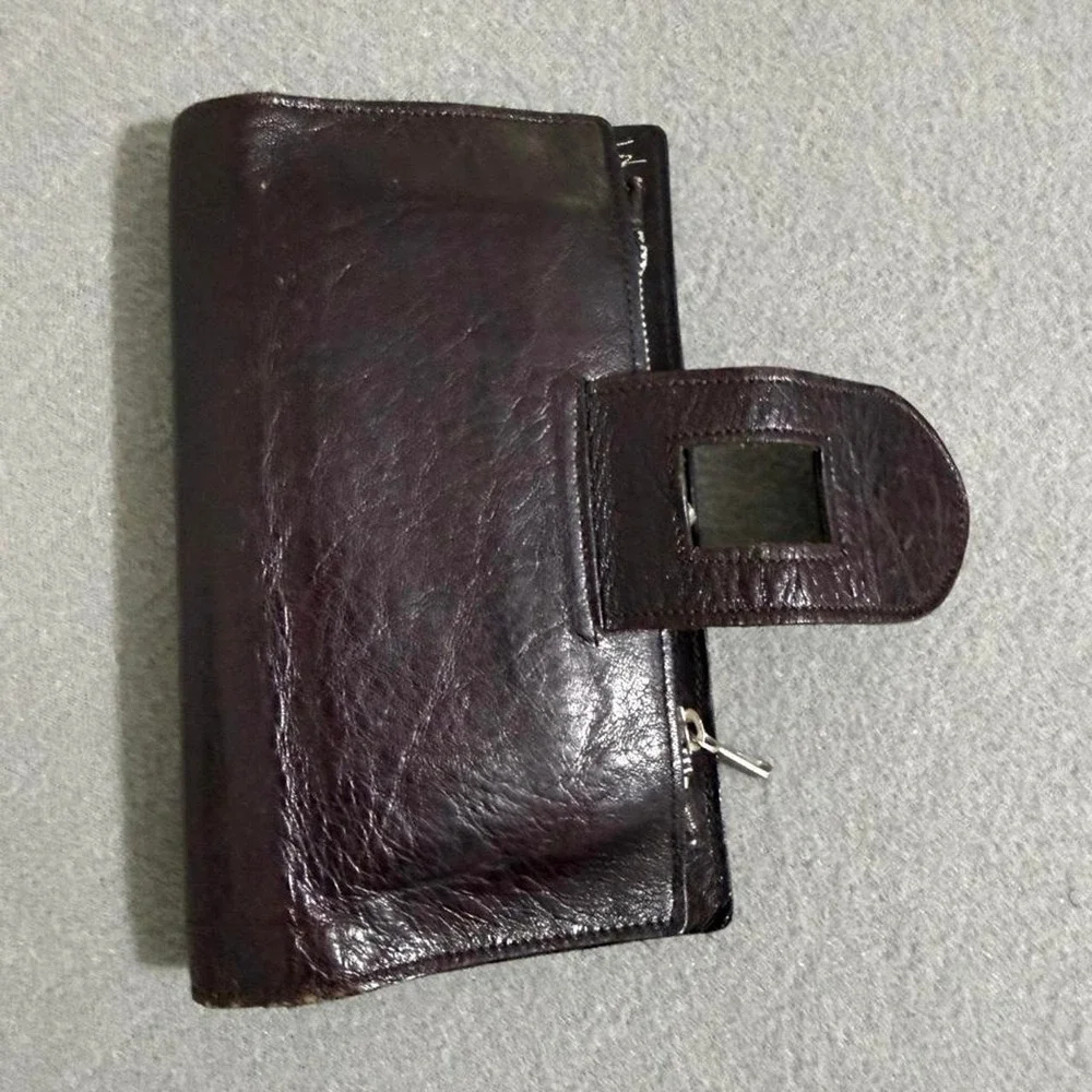 Vtg 70s Etienne Aigner Oxblood Brown Leather Wallet Kiss Lock Coin Purse Mirror